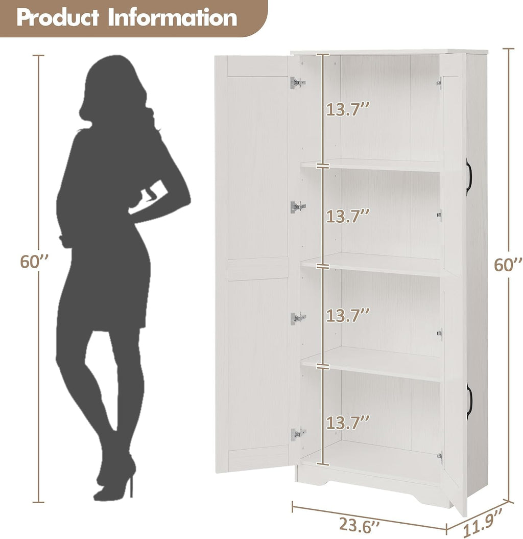 IDEALHOUSE Tall Pantry Cabinet, 60' Kitchen Pantry Storage Cabinet with 2 Doors and Adjustable Shelves, Freestanding Kitchen Cabinet, Cupboard for Dining Room, Bathroom (White)