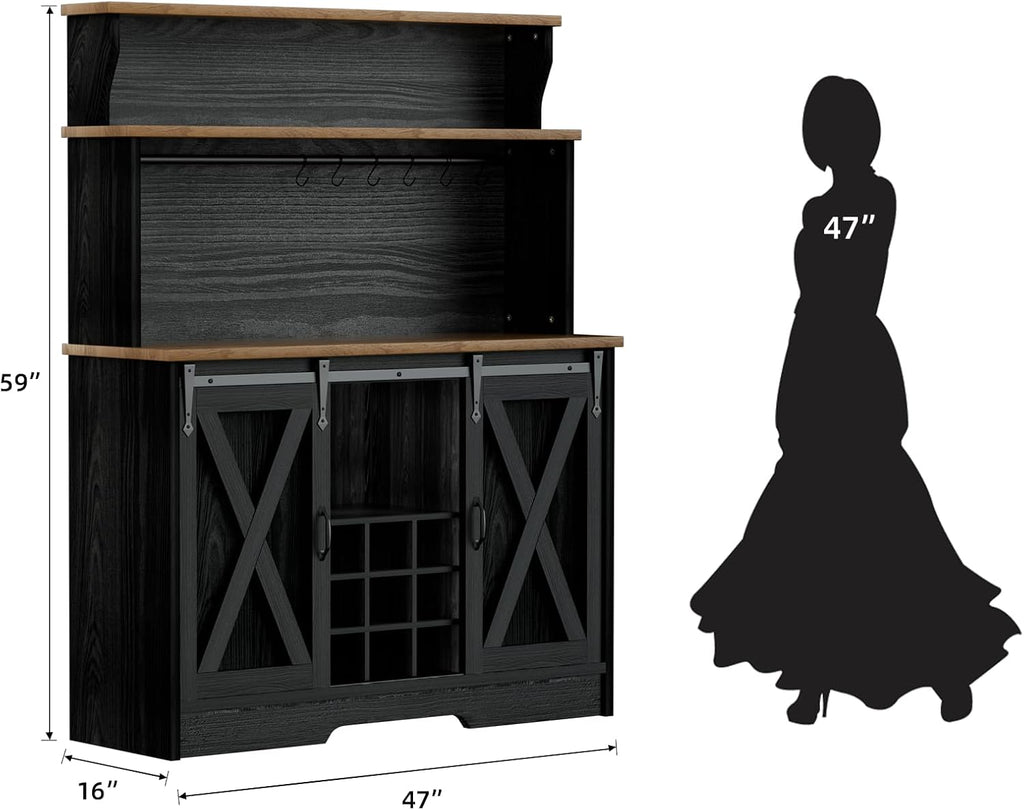 BestHaped Farmhouse Coffee Bar Cabinet with 3 Tier Storage Hutch, 47'' Coffee Bar Station with Sliding Barn Door, Hutch Storage Cabinet with 9 Wine Racks & 9 Hooks for Kitchen Dining Living Room
