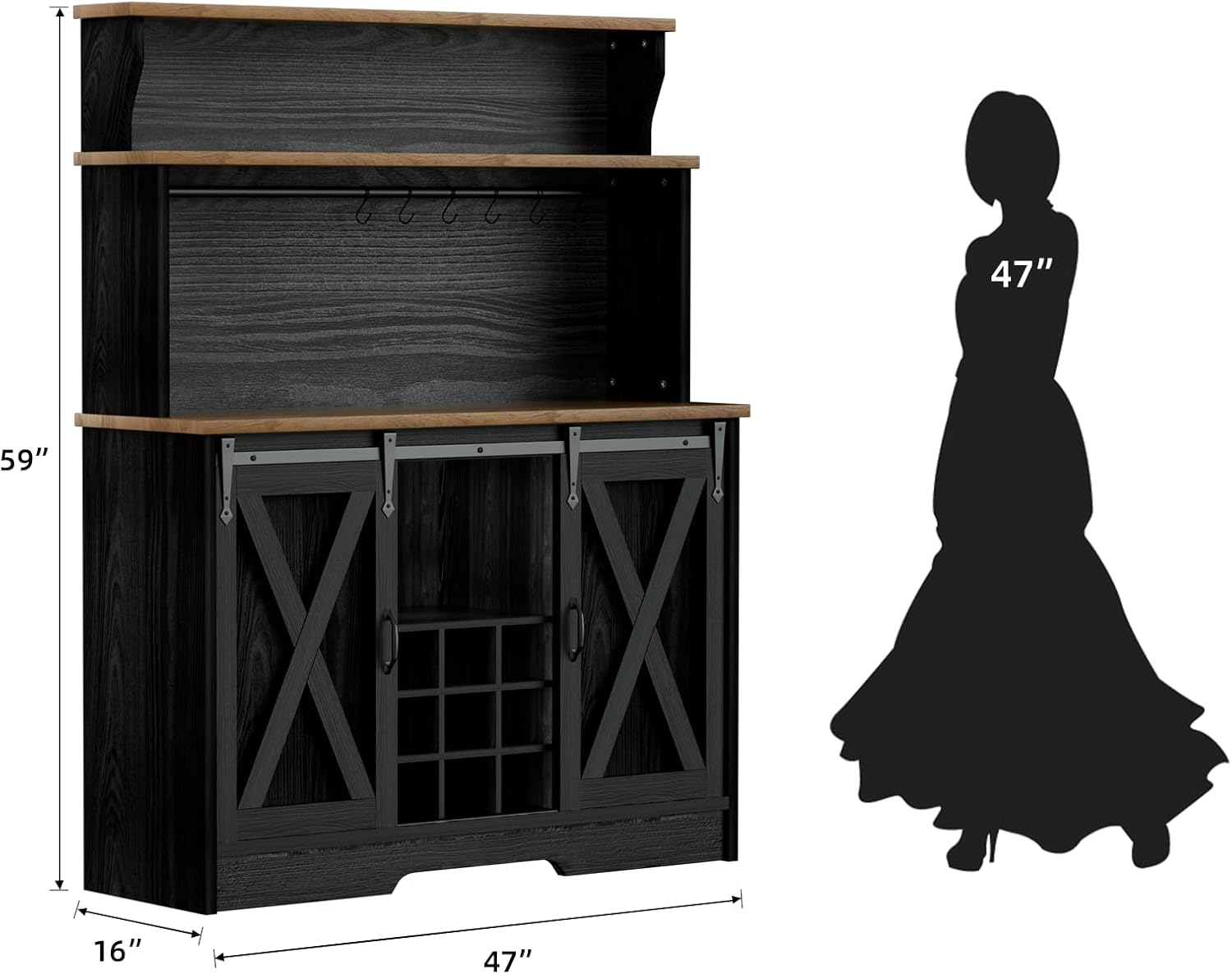 BestHaped Farmhouse Coffee Bar Cabinet with 3 Tier Storage Hutch, 47'' Coffee Bar Station with Sliding Barn Door, Hutch Storage Cabinet with 9 Wine Racks & 9 Hooks for Kitchen Dining Living Room