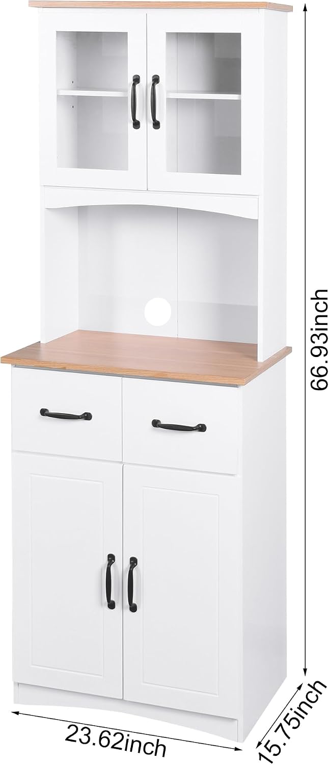 Wooden-Style Kitchen Cabinet with Framed Glass Doors & Drawer - Microwave Stand with Storage, Adjustable Shelfes for Kitchen, Dining Room (White)