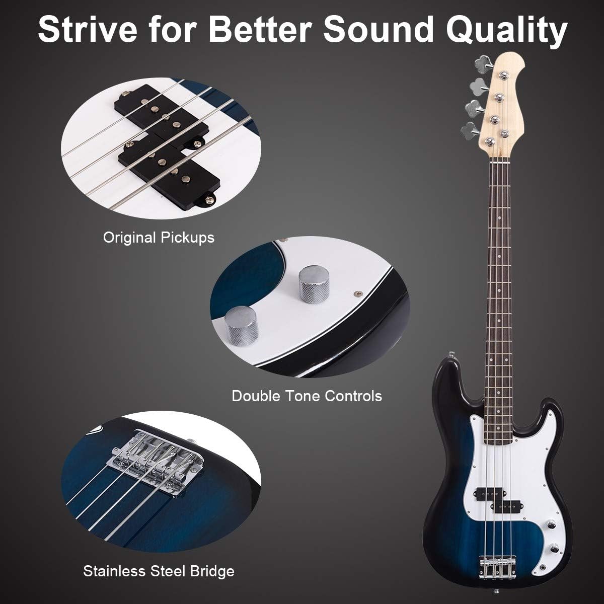 Safstar Electric Bass Guitar 4 Strings Full Size Electric Bass with Amp Cord Strap & Carrying Bag, Rosewood Exquisite Stylish Bass Guitar for Starters Beginners Junior Senior Adults