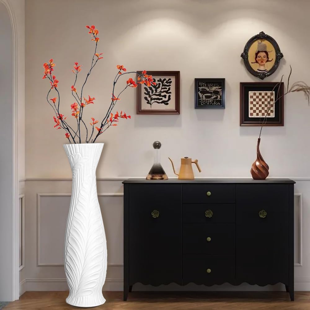 Tall White Floor Vase 30 Inches, Handmade Large Modern Ceramic Vases for Home Decor Living Room, Feather Pattern Decorative Vases Wide Mouth Opening Corner Vase for Pampas Grass