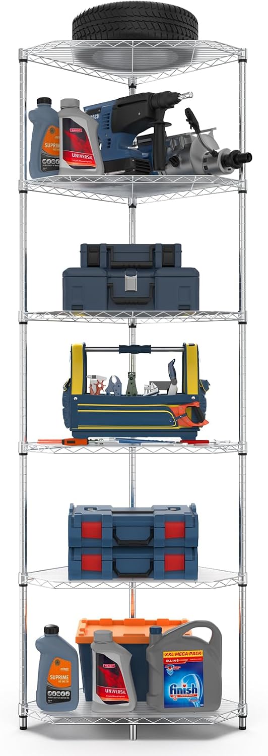 6 Tier NSF Corner Wire Shelf Shelving Unit, 20 x 20 x 72 Inch 600lbs Capacity Heavy Duty Adjustable Metal Storage Rack with Leveling Feet & Shelf Liners for Office Kitchen Bathroom and More - Chrome