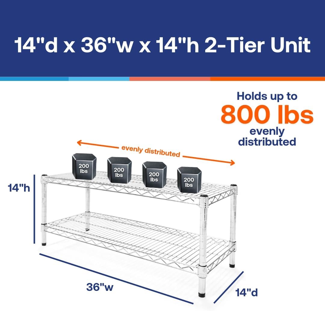 Shelving Inc. 14' d x 36' w Chrome Wire Shelving with 2 Tier Shelves, Weight Capacity 800lbs Per Shelf