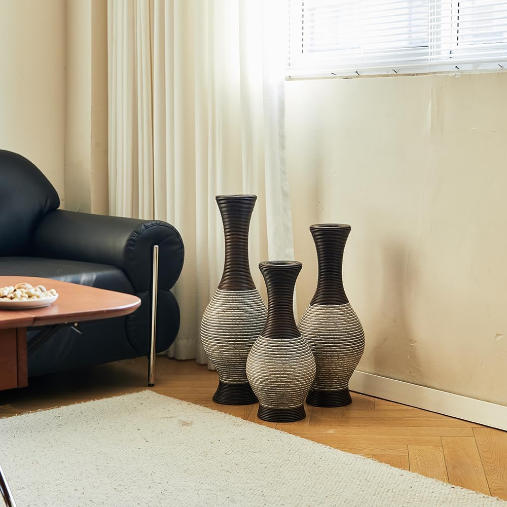 Floor PVC Decorated Vases Set of 3 for Gorgeous Home Decoration Large Classic PVC Vases 20in/24in/28in Height(Brown+White)