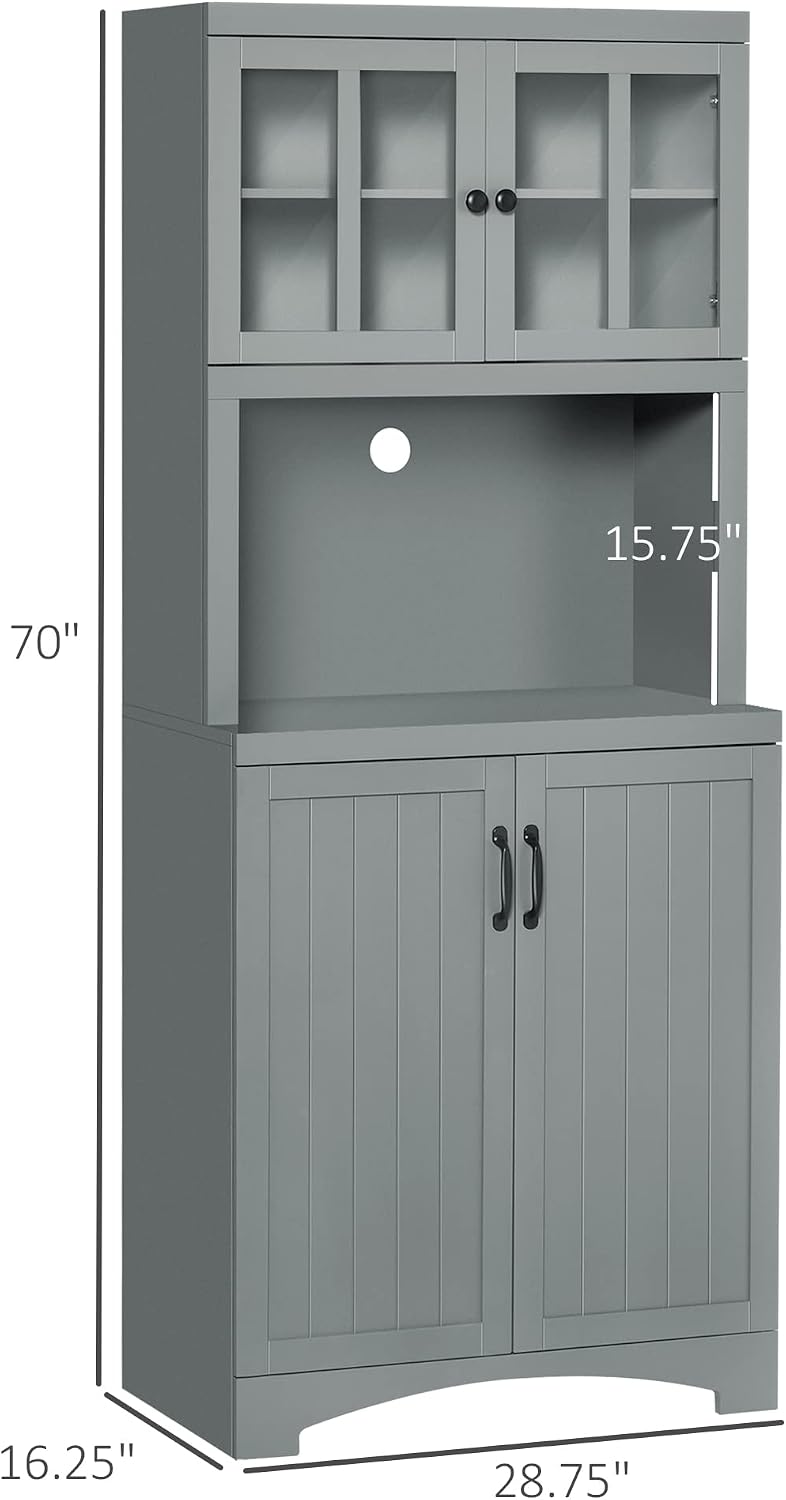 HOMCOM Kitchen Hutch, 70' Pantry Cabinet with Glass Framed Door, Storage Cabinet with Adjustable Shelves and Microwave Space for Dining Room, Gray