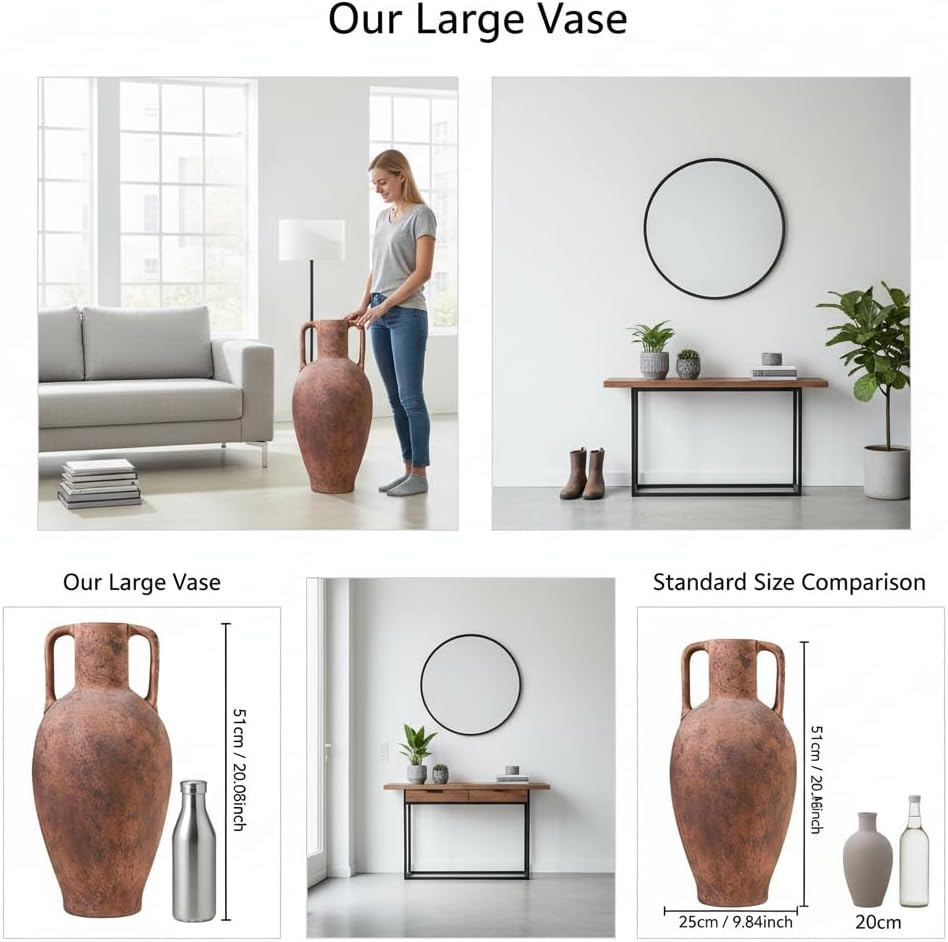 Tall Terracotta Vase，Distressed Terracotta Flower Vase with Handles for Living Room Bedroom Hotel Office Decor 20.08 in（51cm）