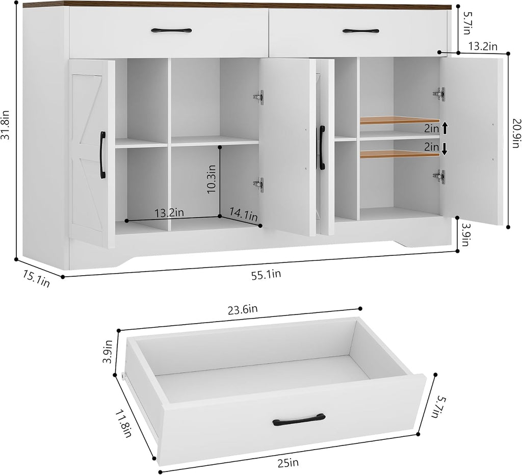 55' Sideboard Buffet Cabinet with Storage, Large Kitchen Storage Sideboard with Drawers & Doors, Modern Wood Farmhouse Coffee Bar Cabinet, Buffet Table for Kitchen, Dining Room, Living Room, White