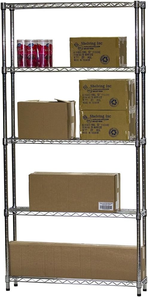 Shelving Inc. 5-Tier Chrome Wire Shelving, 8' D x 36' W x 96' H, Modern/Industrial Style, 800lbs Capacity Per Shelf