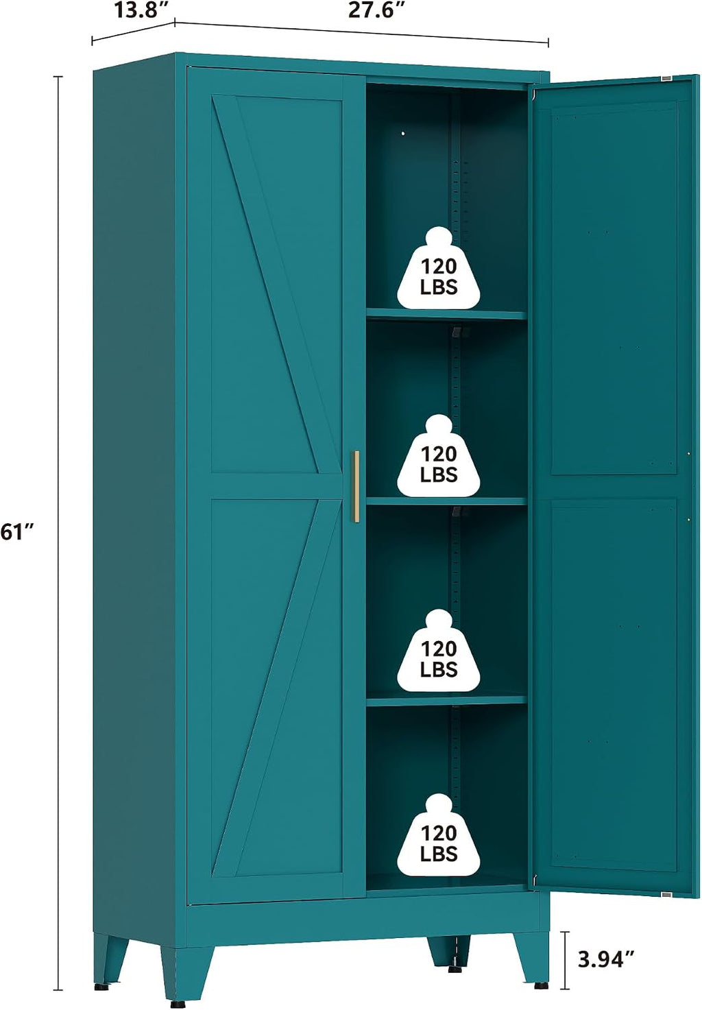 QINPTWUT 61' Metal Storage Cabinet, 4-Tier Kitchen Pantry with 3 Adjustable Shelves, Farmhouse Design Freestanding Cupboard for Kitchen, Bathroom, Laundry, Garage, Blue