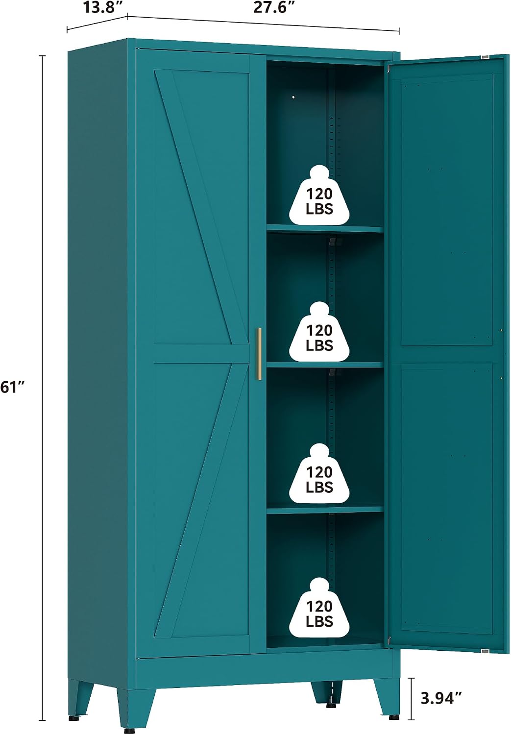 QINPTWUT 61' Metal Storage Cabinet, 4-Tier Kitchen Pantry with 3 Adjustable Shelves, Farmhouse Design Freestanding Cupboard for Kitchen, Bathroom, Laundry, Garage, Blue