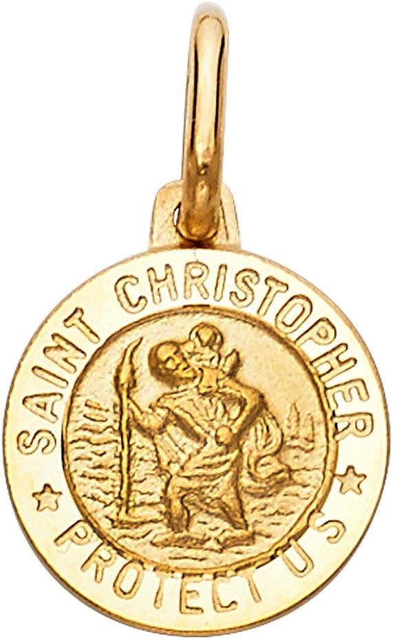 14K Yellow Gold St. Christopher Medal Pendant Necklace Protect Us Charm with 1.2mm Flat Open Wheat Chain