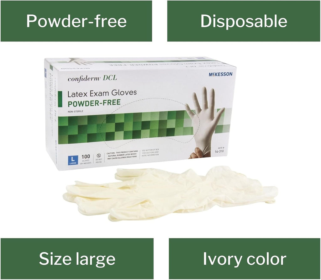 McKesson Confiderm DCL Latex Exam Gloves - Powder-Free, Ambidextrous, Non-Sterile - Ivory, Size Large, 100 Count, 10 Boxes, 1000 Total
