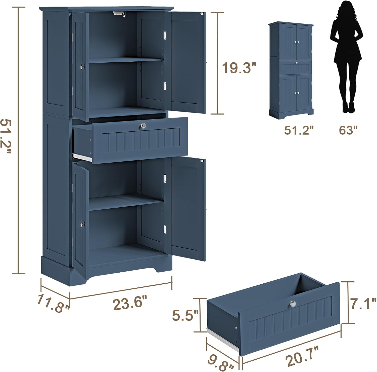 ChooChoo 51' H Tall Bathroom Floor Cabinet, Modern Bathroom Storage Cabinet with Drawer and Adjustable Shelves, Freestanding Kitchen Pantry Cupboard with 4 Doors for Living Room, Blue