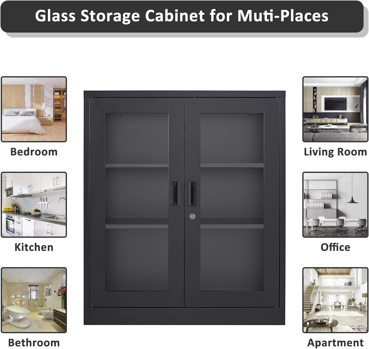 SISESOL Black Metal Storage Cabinet with Doors and Shelves,36 inch Locking Display Cabinet with Acrylic Doors,Office Cabinets with Lock,Sideboard Cabinets for Home Office,Living/Dining/Utility Room,