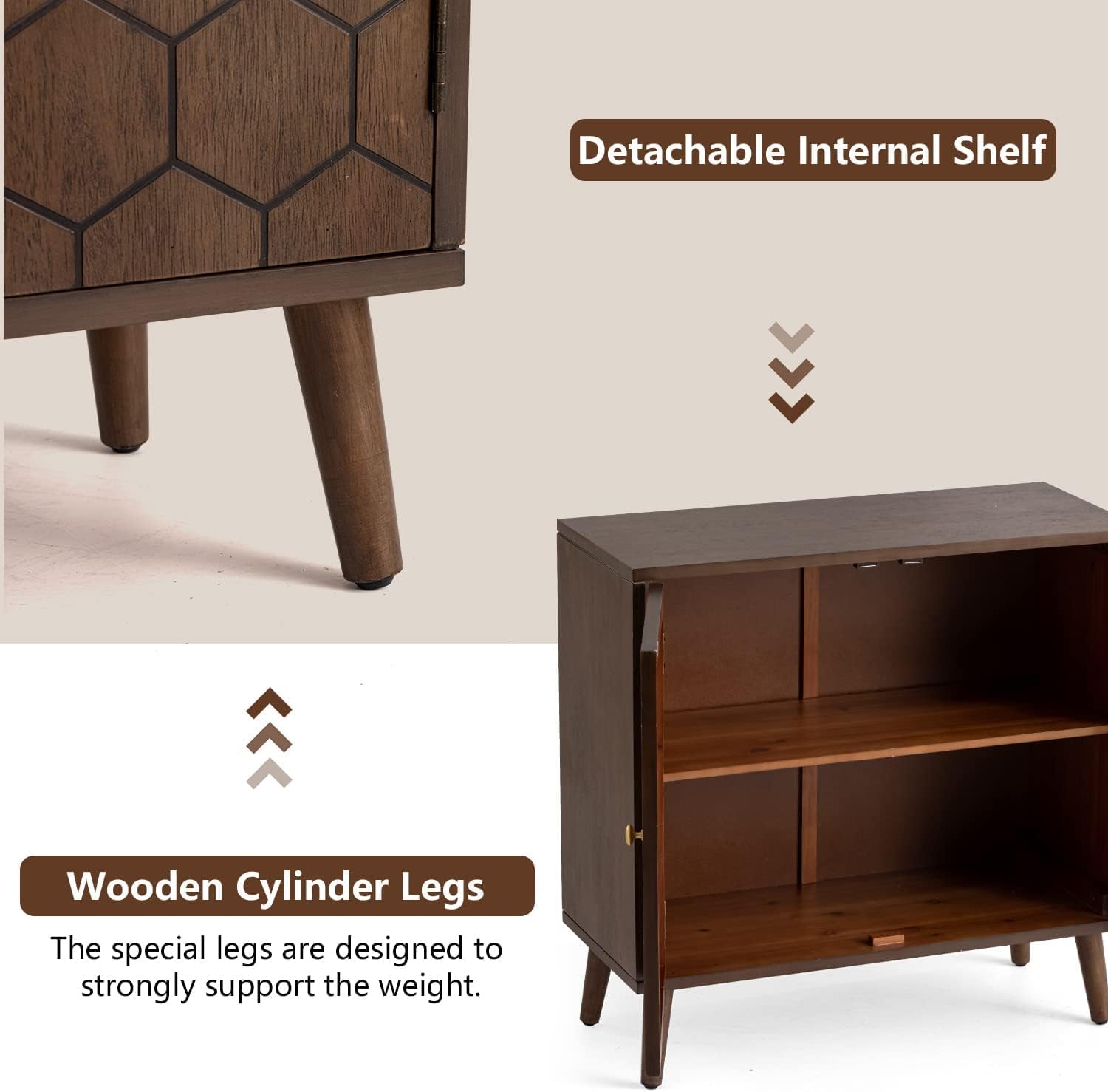 COSIEST 32' Storage Sideboard with Doors, Adjustable Shelf, Decorative Modern Accent Furniture for Living Room, Entryway, Kitchen (Brown, Honeycomb Pattern)