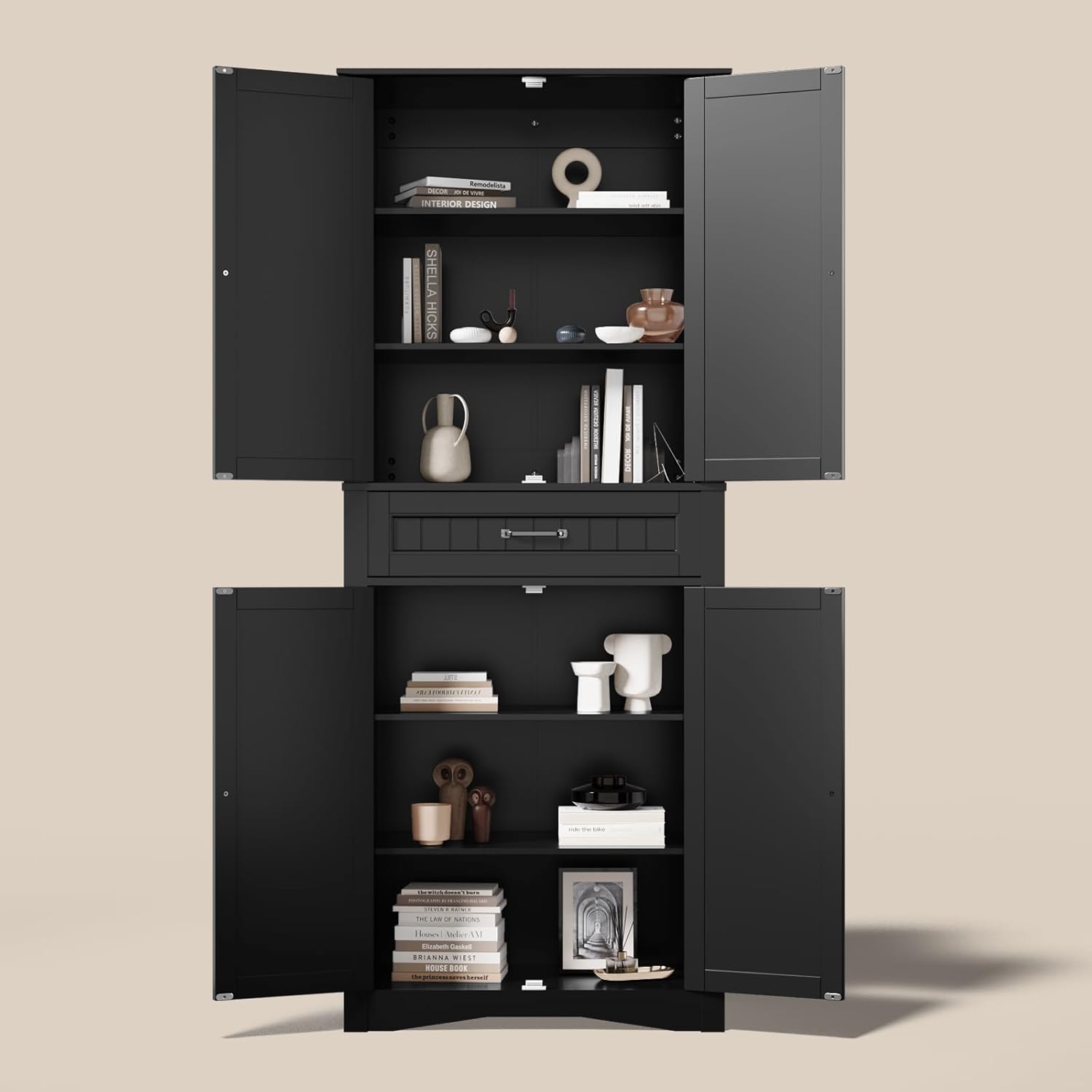 Gizoon 71'' Kitchen Pantry Storage Cabinet, Freestanding Pantry Organizers and Storage Cabinet with 4 Doors and 4 Adjustable Shelves, Tall Cabinet with Large Drawer for Kitchen, Living Room, Bathroom