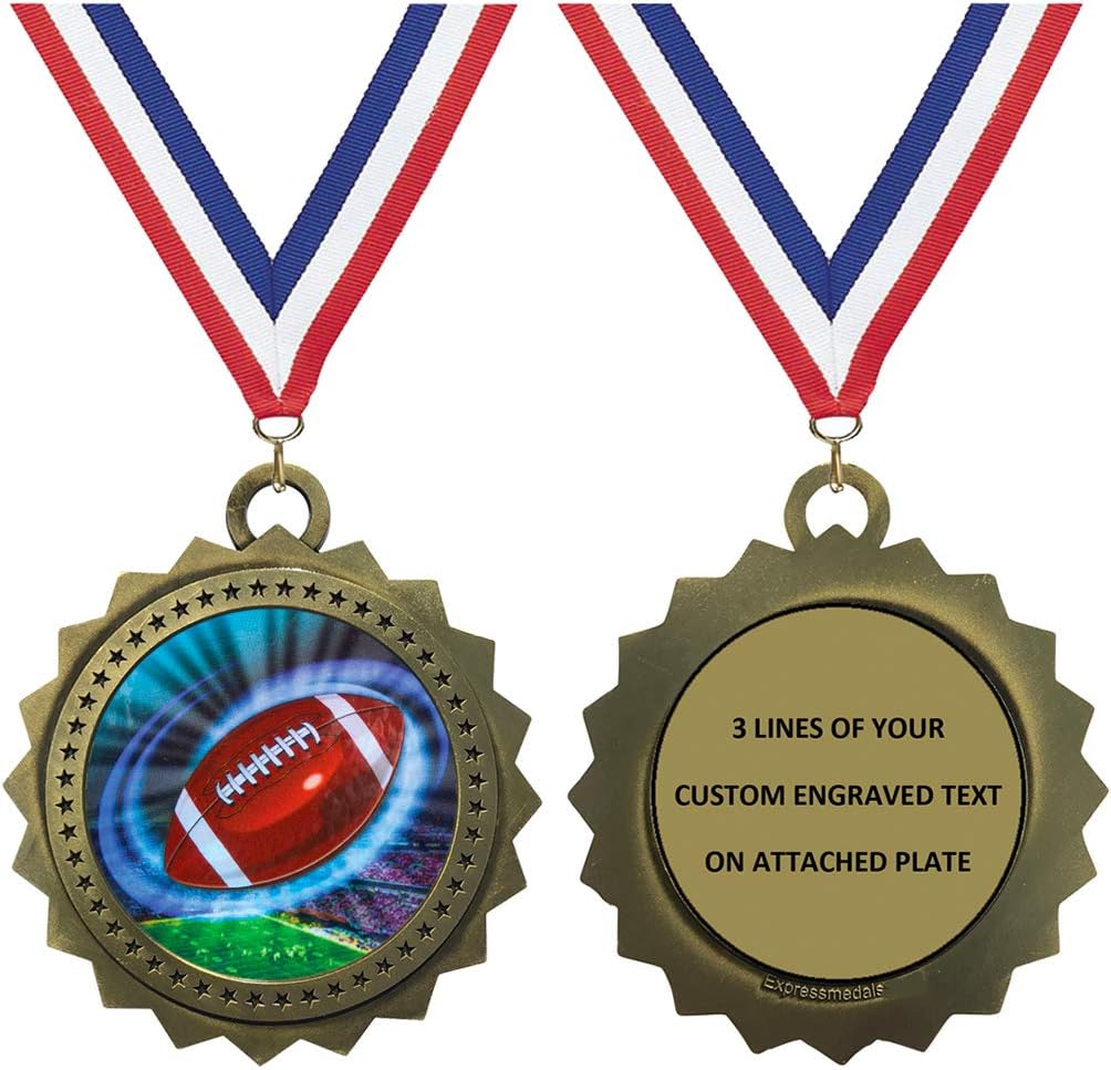 Express Medals 1 to 50 Packs Engraved Personalized Gold Football Medals Trophy Award with Neck Ribbon Medal Trophies Award Tournament Prize Gift Custom