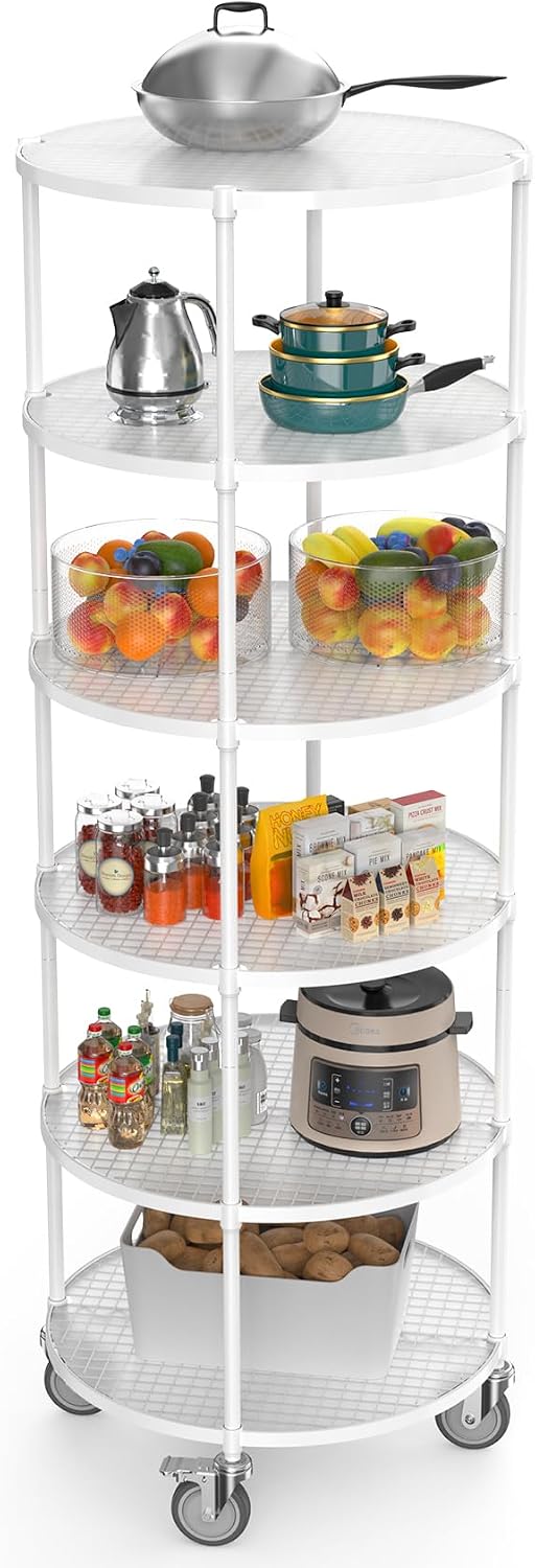 White 6 Tier NSF Metal Round Wire Shelving Units with Shelf Liners, 2400lbs Storage Rack with 4 Wheels for Kitchen, Utility Room, Warehouse, 85.5' H x 30' L x 30' W