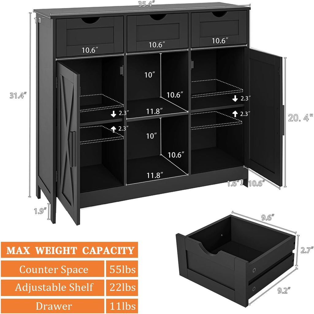 Viaozutis Storage Cabinet, Coffee Bar Cabinet with 2 Adjustable Shelves, 3 Drawers, and 2 Doors, for Bathroom, Kitchen, Living Room (Black)