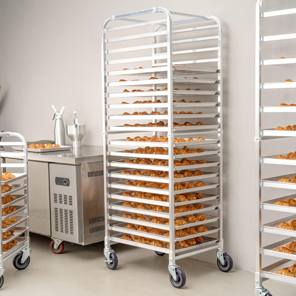 Restaurantware Kitchen Tek 26 x 20.25 x 69.5 Inch Bun Pan Rack 1 Endload Sheet Pan Rack - Full-Height 2 Locking & 2 Non-locking Casters Silver Aluminum Bun Pan Rack With Wheels Holds 20 Pans