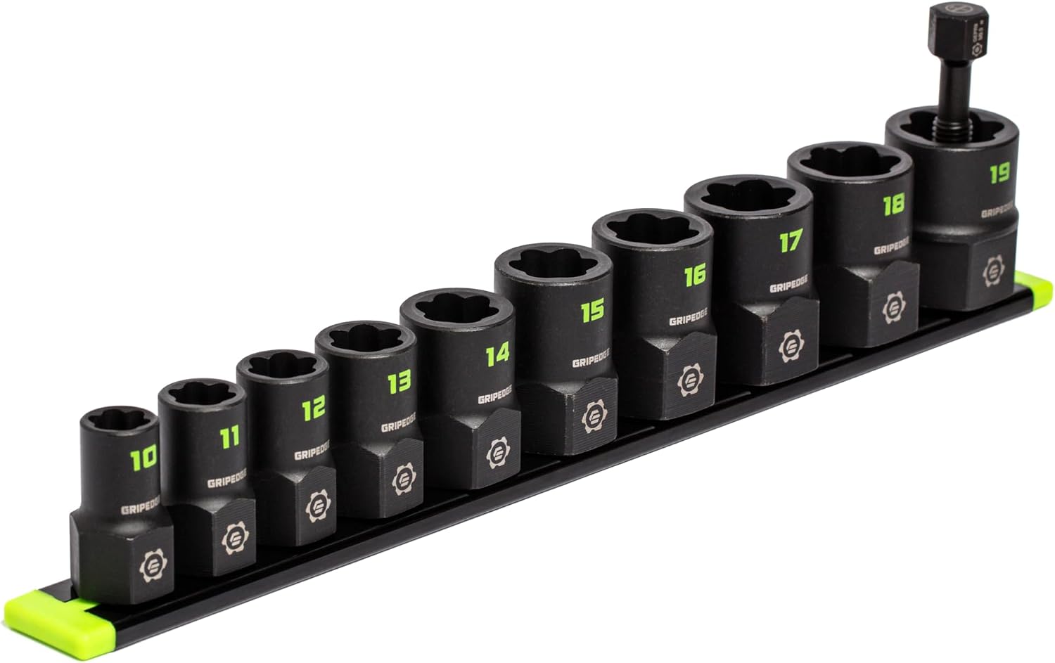 GRIPEDGE Tools | 10-PC – 3/8'' Drive Metric RPT Socket Extractor Set | Sizes 10 – 19 MM | Removes Broken Studs, Stripped Bolts and Lug Nuts | Includes Premium Aluminum Socket Rail|