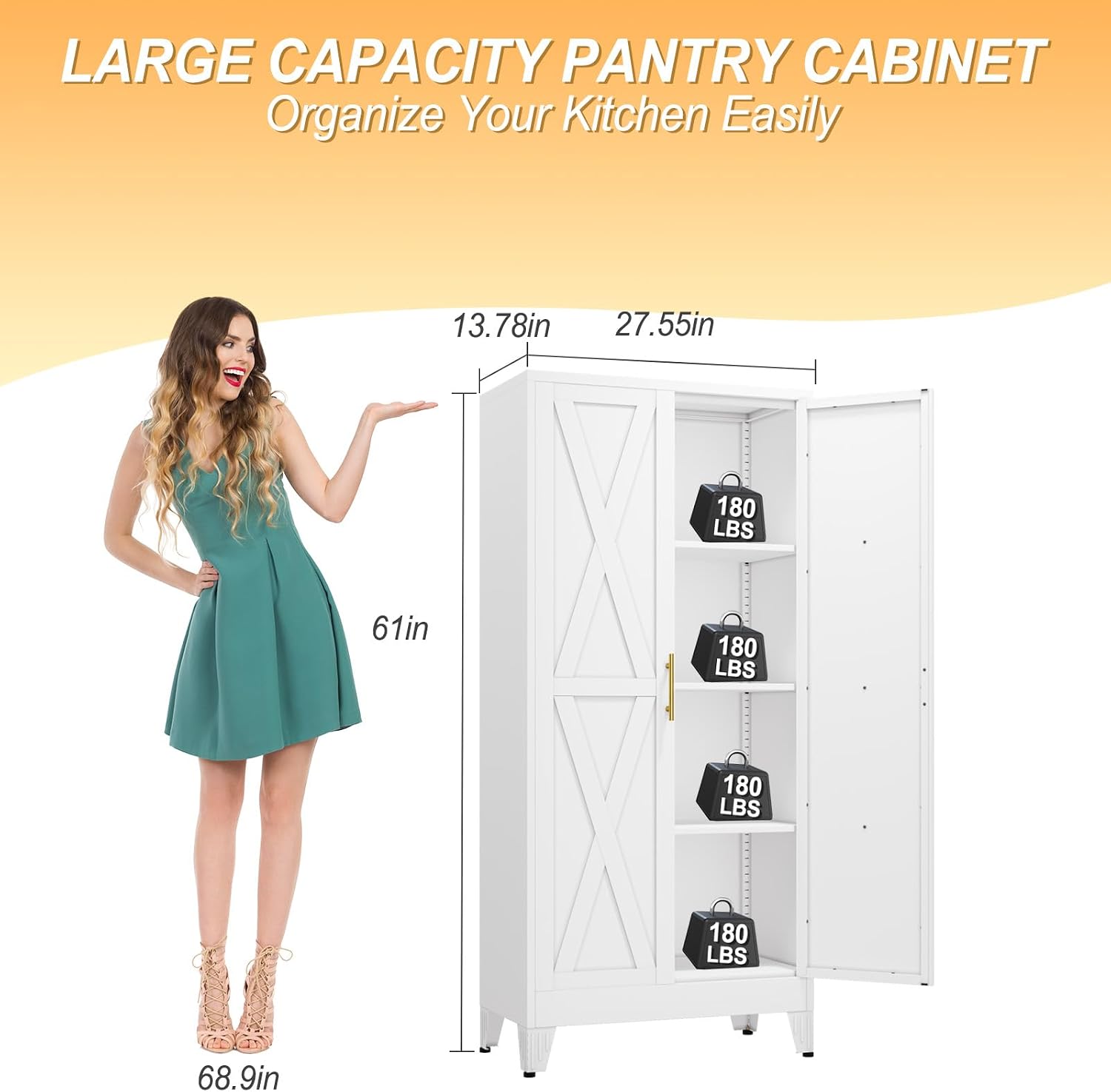 61' H Metal Kitchen Pantry Storage Cabinet, Freestanding Cupboard with 2 Doors and 3 Adjustable Shelves, Standing Storage for Kitchen, Bathroom, Garage, Dinning Room or Utility Room（White）
