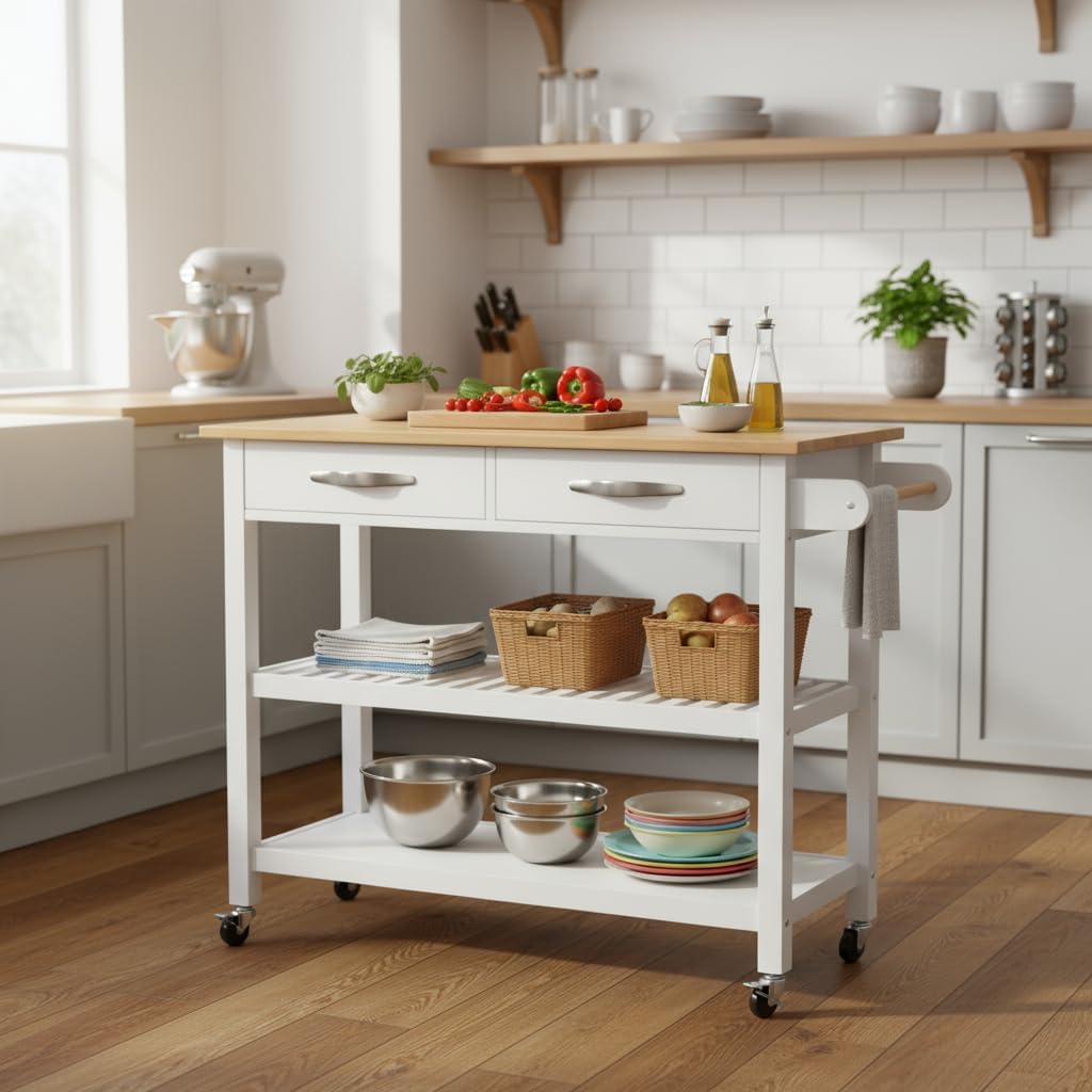Kitchen Island 45' Rolling Kitchen Island Cart On Wheels with 2 Drawer and Towl Rack 3 Tiers Rolling Utility Cart with Solid Wood Top Serving Trolley for Dining Room White