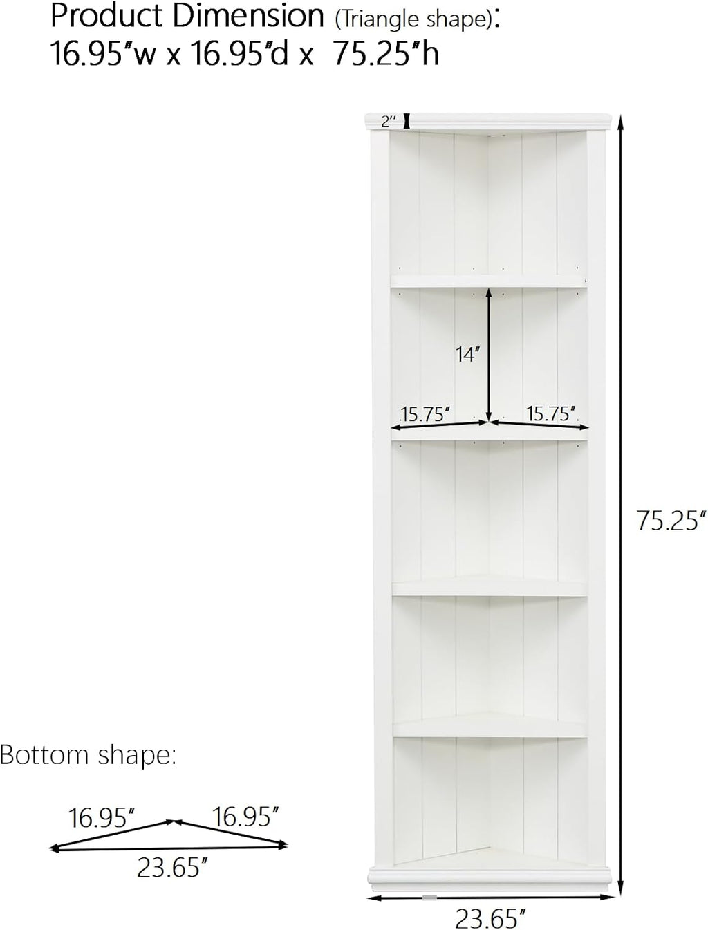 75' Triangle Sided Freestanding Storage Cabinet, Kitchen Storage Bakers Rack with Adjustable Shelves, Utility Food Cupboard for Home/Corners, White