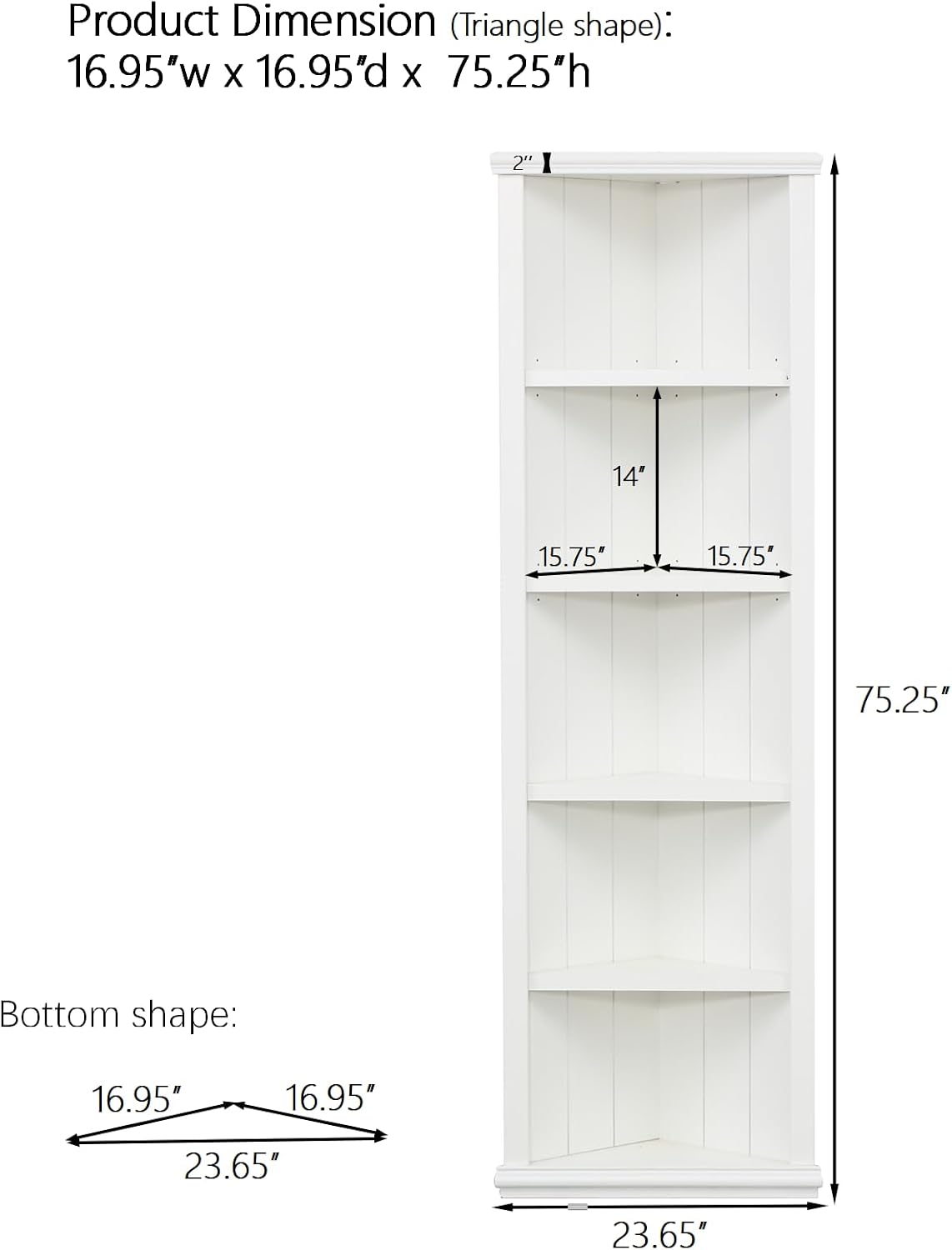 75' Triangle Sided Freestanding Storage Cabinet, Kitchen Storage Bakers Rack with Adjustable Shelves, Utility Food Cupboard for Home/Corners, White