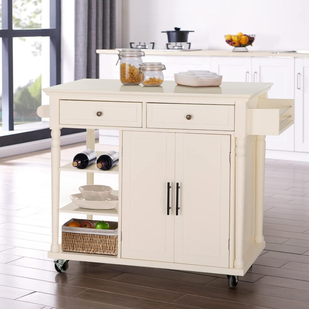 Sophia & William Kitchen Island Cart with Storage on Wheels, Rolling Kitchen Trolley with 2 Doors, 2 Drawers, 3 Open Shelves, Towel and Spice Rack, Ivory