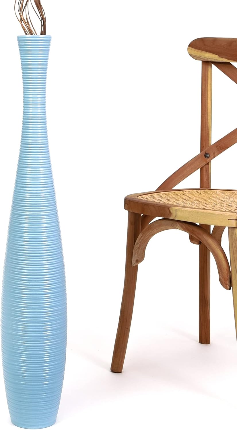 Leewadee Large Blue Home Decor Floor Vase - Wooden 34 inch Tall Farmhouse Decor Flower Holder for Fake Plant and Pampas Grass