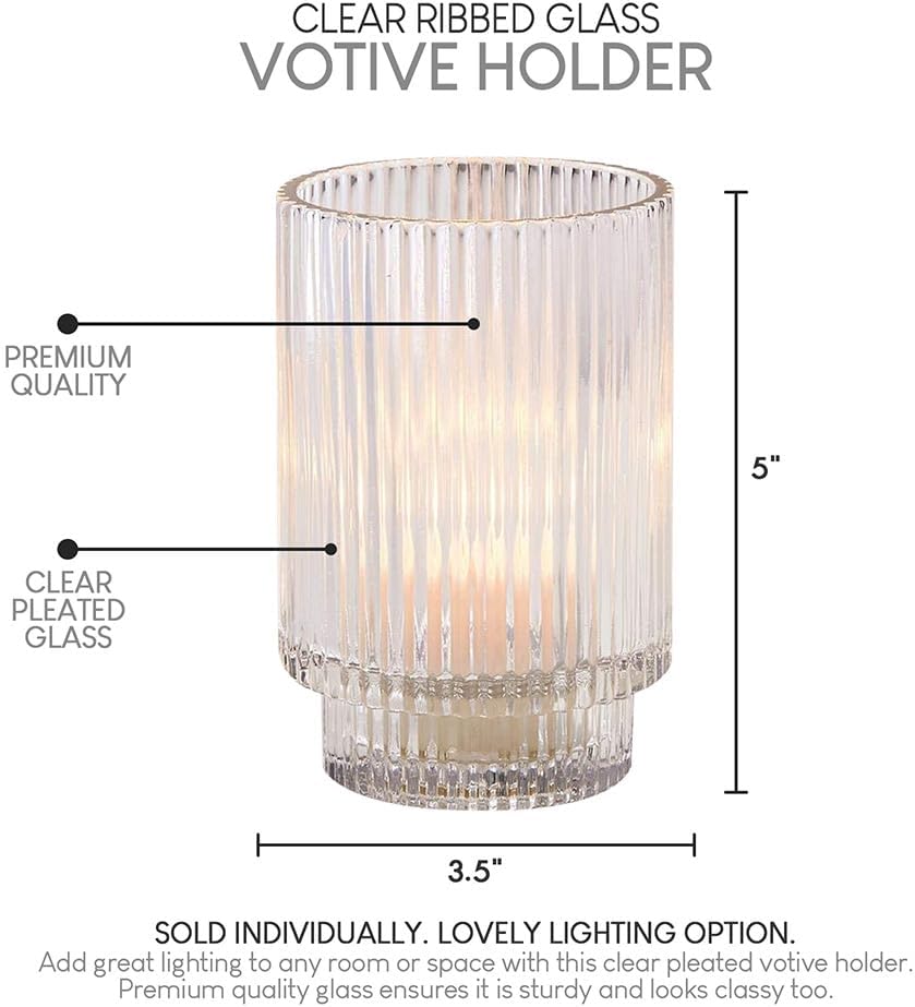 Serene Spaces Living Clear Ribbed Glass Votive Holder, Decorative Centerpiece for Wedding, Christmas, Thanksgiving, Dining Table, Living Room, Home Décor, 3.5' Diameter & 5' Tall, Pack of 24