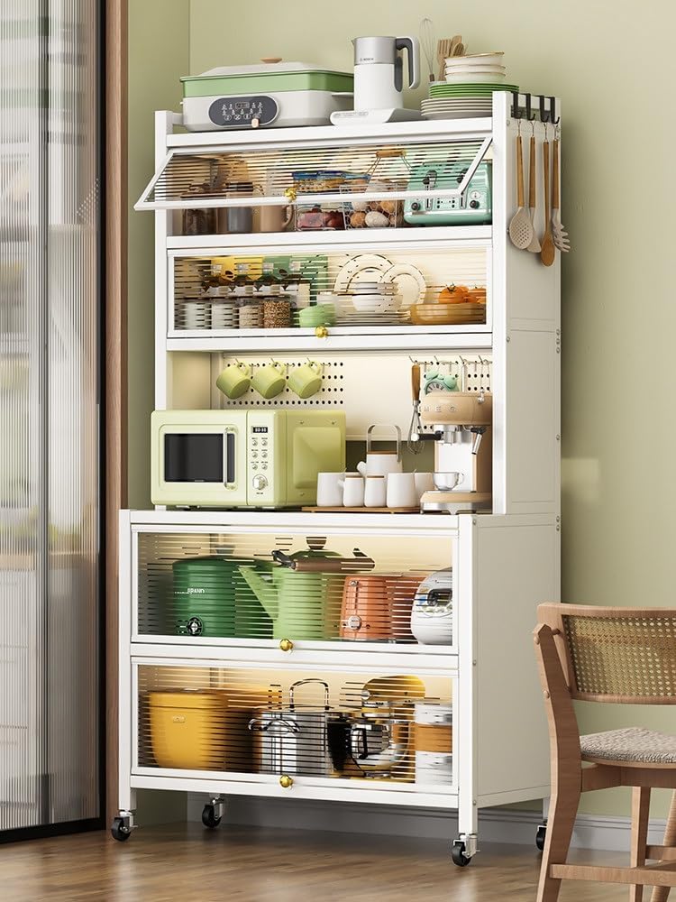 Baker's Rack with Kitchen Storage Drawer Cabinet - Flip Door and Drawer Microwave Stand Rack with Pegboard and Accessories, Metal Shelves for Garage Pantry Home Kitchen Spices (Color : White, Size :