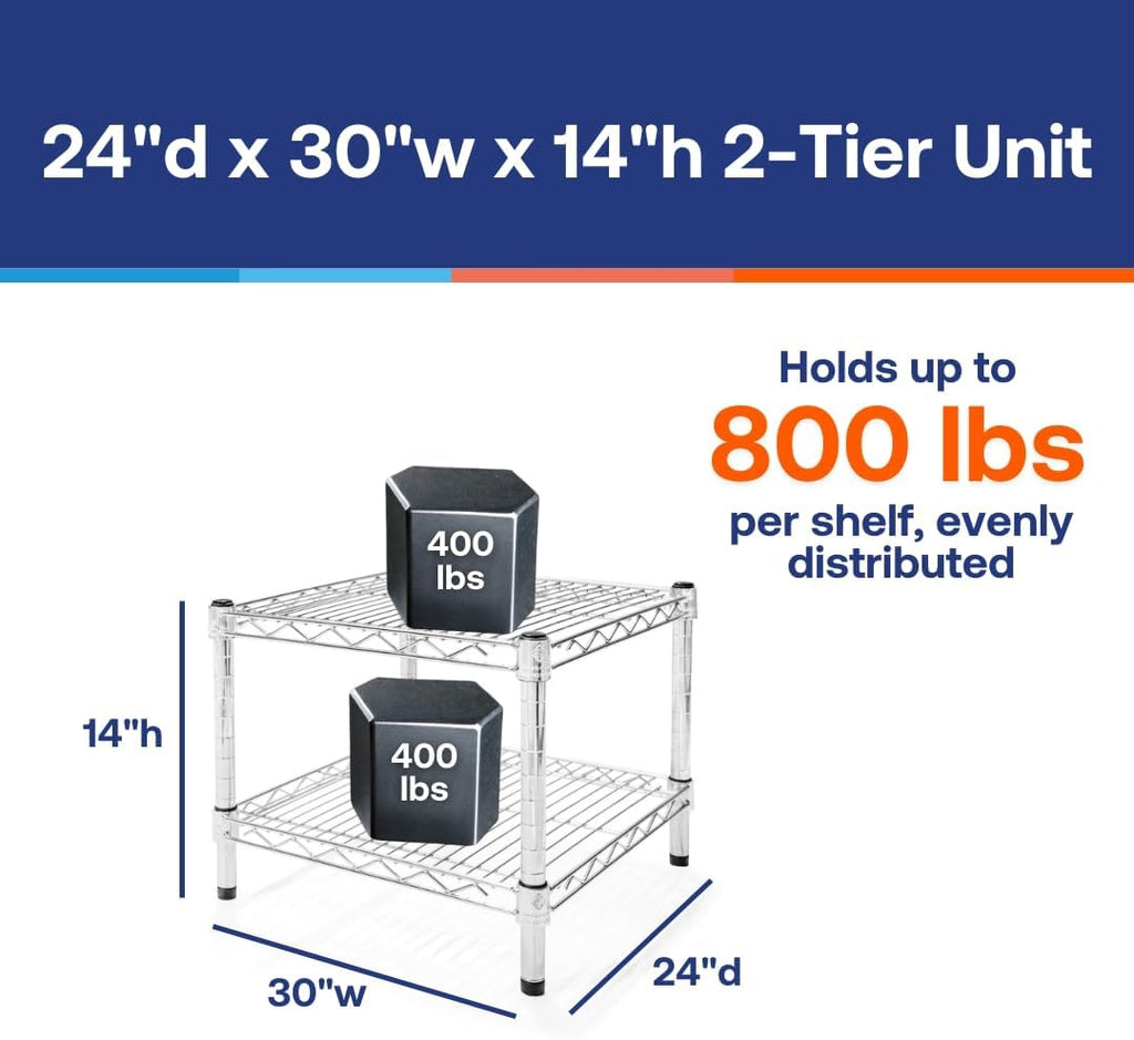 Shelving Inc. 24' d x 30' w Chrome Wire Shelving with 2 Tier Shelves, Weight Capacity 800lbs Per Shelf