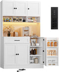 FJTJBSI 72' Kitchen Pantry Cabinet with LED Light and Charging Station Tall Pantry Storage Cabinet with Adjustable Shelves and Door Shelves Modern Kitchen Hutch with Microwave Stand and Countertop