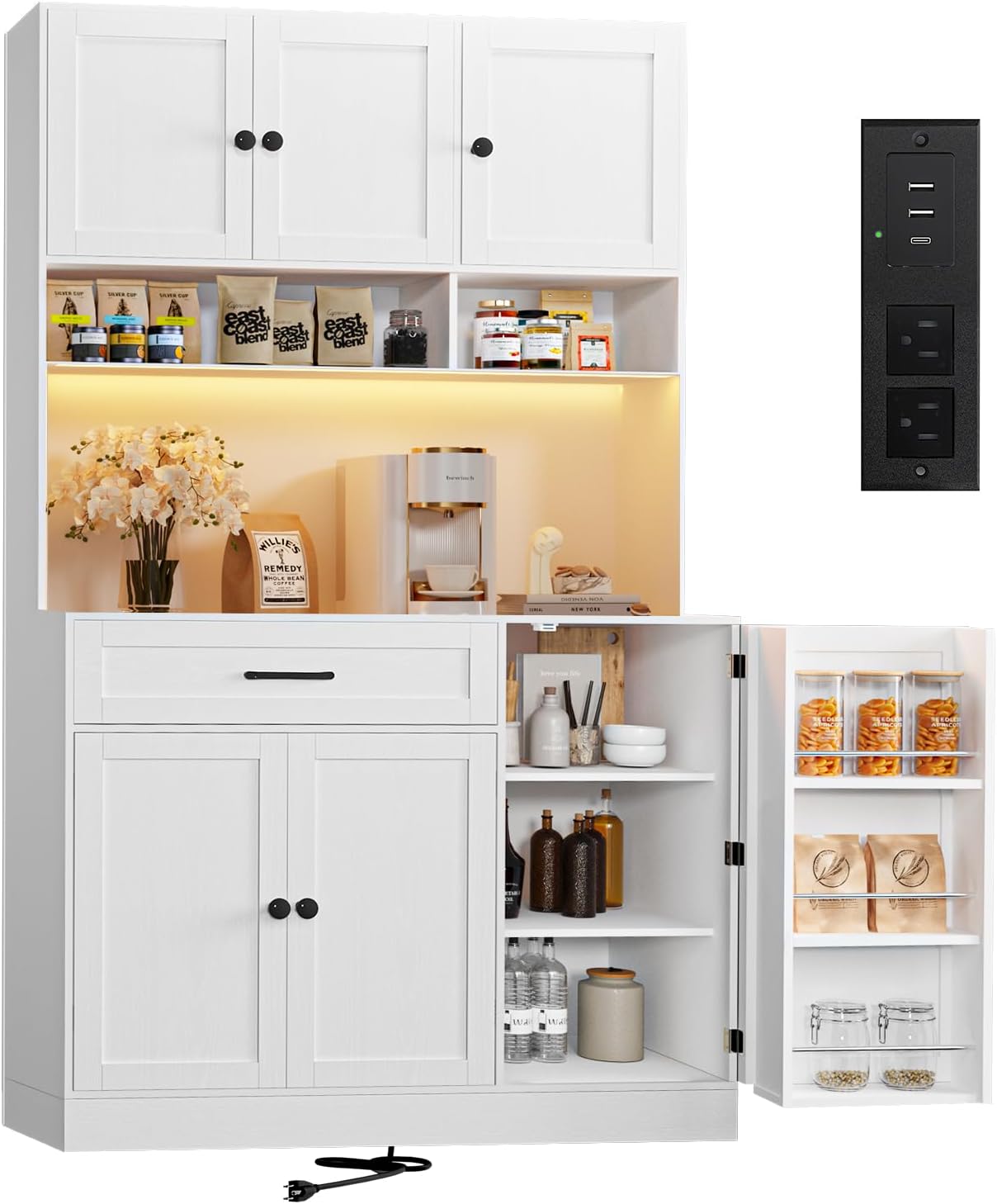 FJTJBSI 72' Kitchen Pantry Cabinet with LED Light and Charging Station Tall Pantry Storage Cabinet with Adjustable Shelves and Door Shelves Modern Kitchen Hutch with Microwave Stand and Countertop