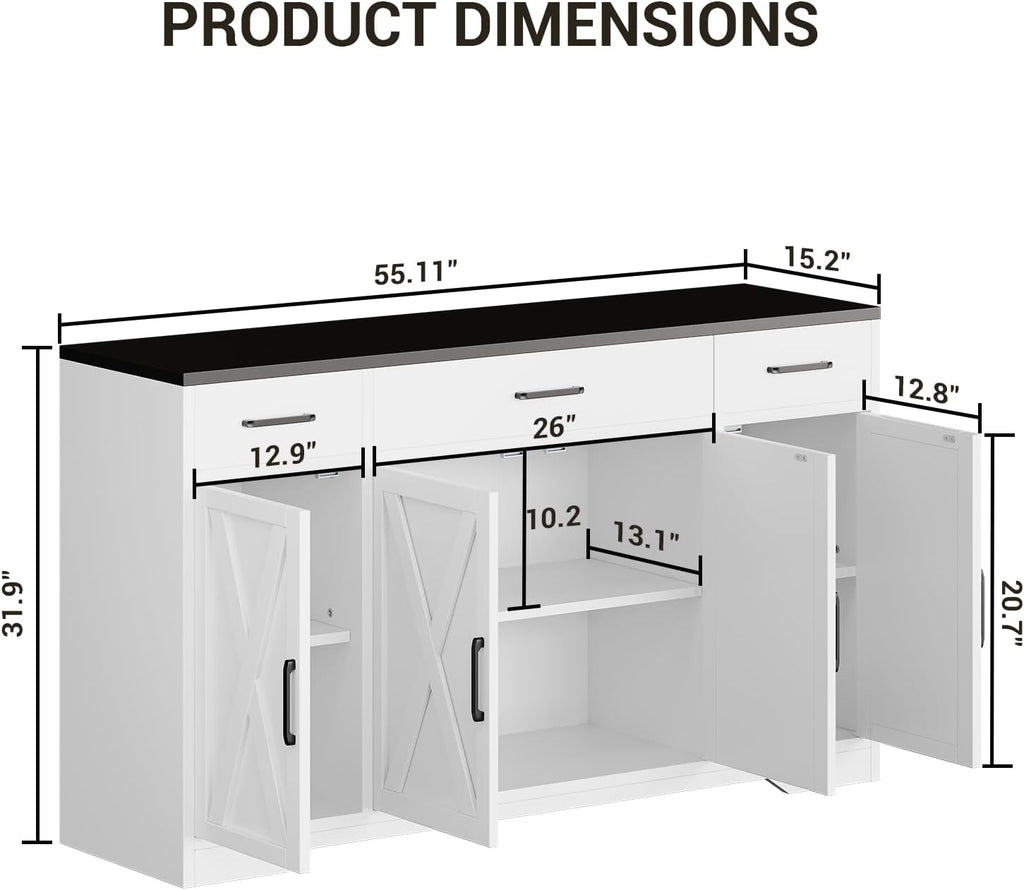 Garvee 55 in Large Buffet Sideboard Cabinet with Storage 4 Doors and 3 Drawers Kitchen Storage Cabinet Coffee Bar Buffet Table for Dining Room, Living Room, Adjustable Shelf
