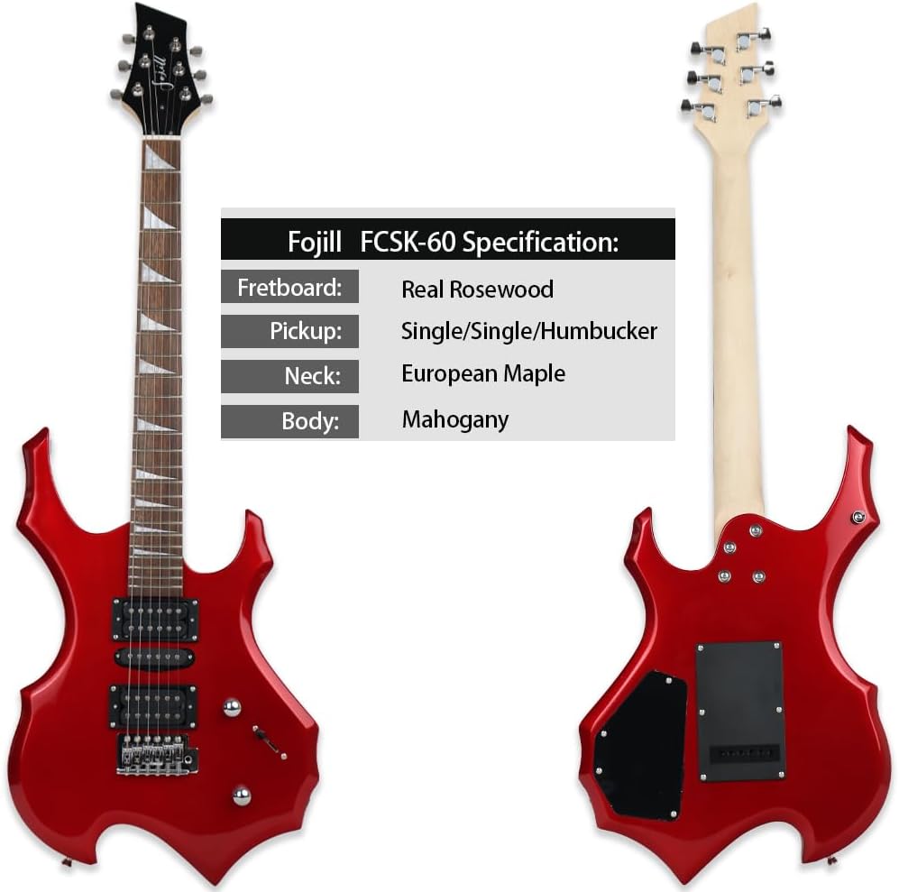 Fojill Heavy Metal Cool Electric Guitar Kit Set Beginner Starter Combo Package Bundle Battery Power Bluetooth 10W Amplifier Amp Accessory Gig Bag,Picks, Cable,Strap,Strings(FCGK-60, Metallic Red)