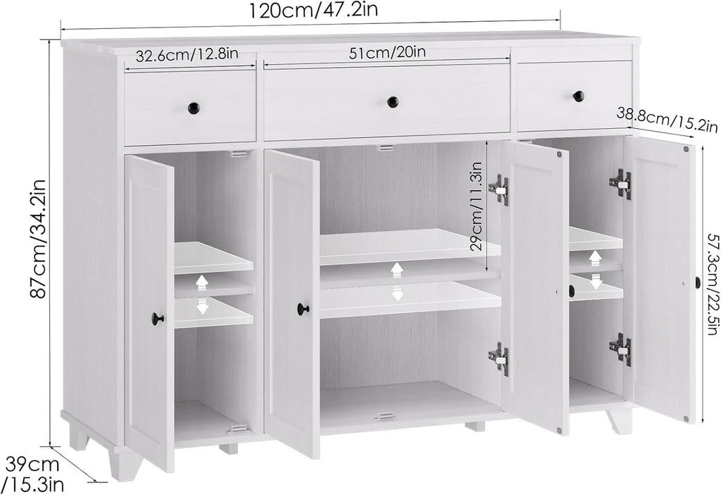 HIFIT Buffet Cabinet White Sideboard Storage Cabinet with 3 Drawers & 4 Doors Adjustable Shelves, 47' Modern Coffee Bar Cabinet, Wood Accent Cabinet for Kitchen Cupboard Dining Living Room