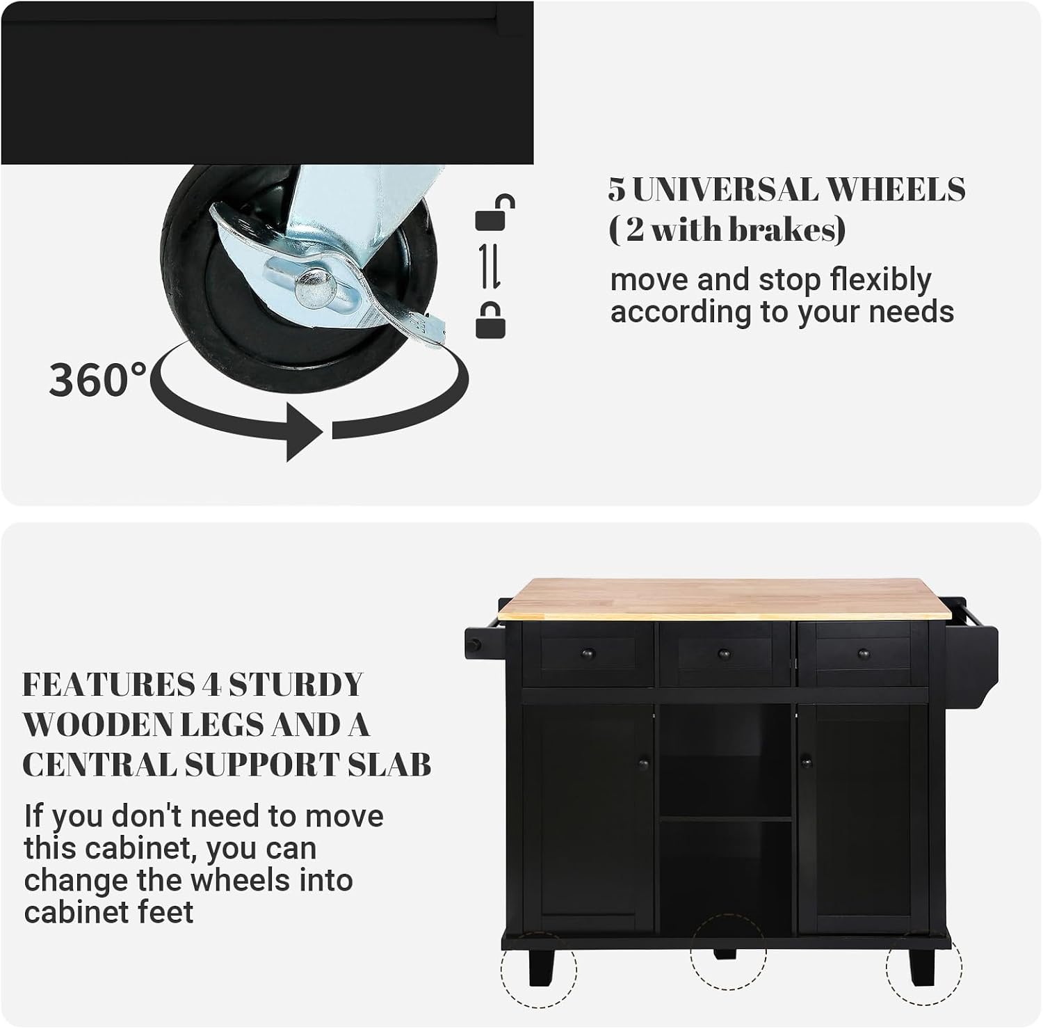 Rovibek Kitchen Island with Drawers 53 in Rolling Island Cart Mobile Portable Islands on Wheels Solid Wood Island with Storage Cabinet & Drawers, Jet Black