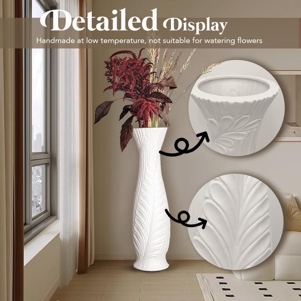 Tall White Floor Vase 30 Inches, Handmade Large Modern Ceramic Vases for Home Decor Living Room, Feather Pattern Decorative Vases Wide Mouth Opening Corner Vase for Pampas Grass