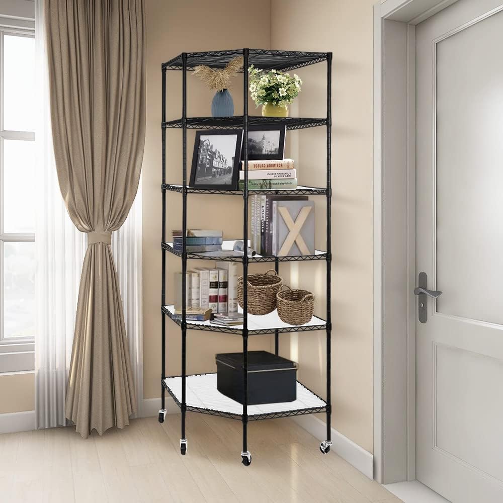 BNSPLY 6 Tier Corner Wire Shelving Unit, Adjustable Wire Shelf with Wheels, Metal Storage Shelves and Racks for Kitchen, Bathroom, Laundry, Pantry, Closet (27' D x 27' W x 71' H, Black)