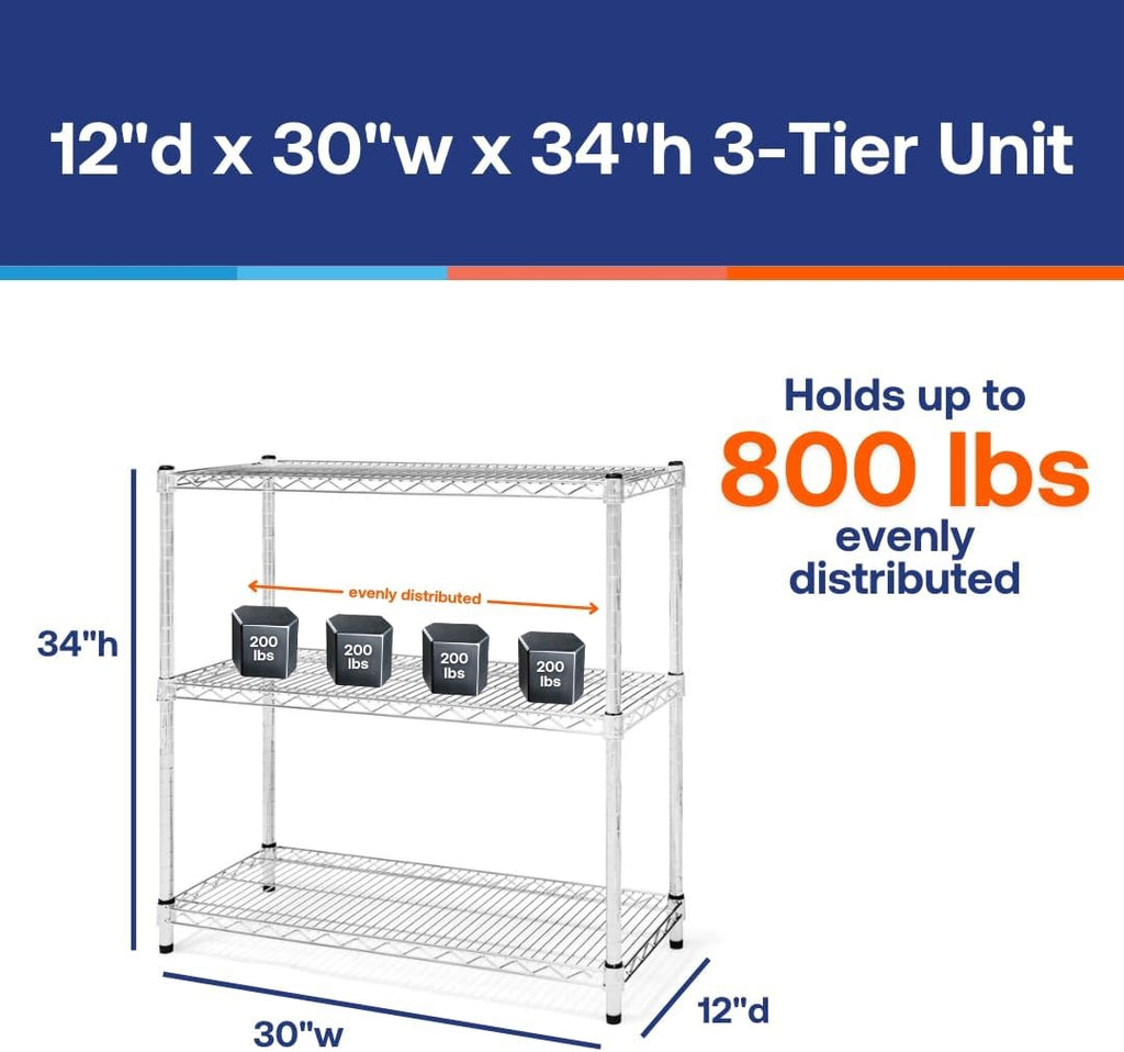 Shelving Inc. 12' d x 30' w Chrome Wire Shelving with 3 Tier Shelves, Weight Capacity 800lbs Per Shelf