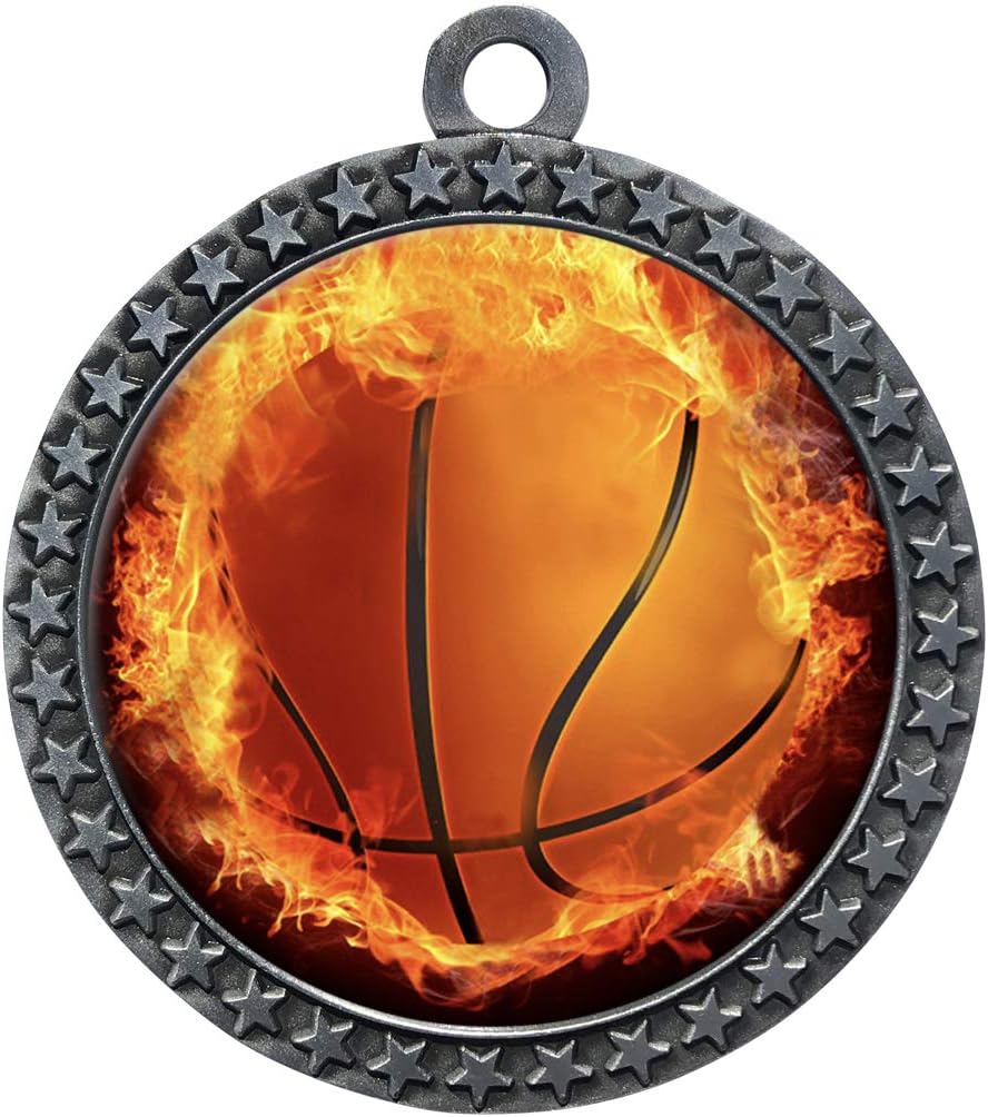 Express Medals 1 to 50 Packs Flame Basketball Silver Medal Trophy Award with Neck Ribbon STDD212-EMFCL803