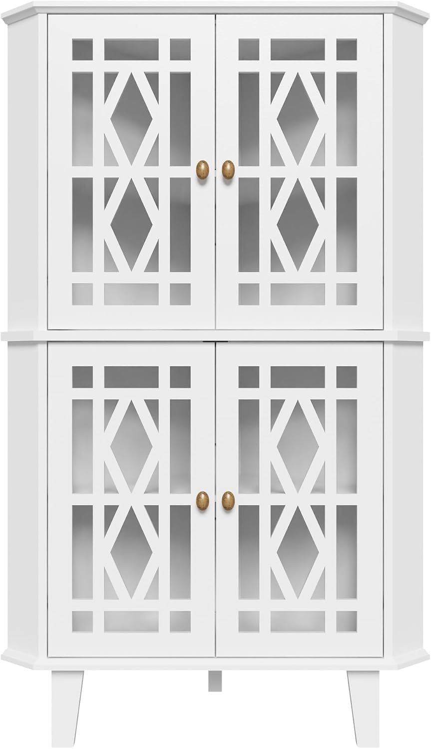 Scurrty Tall Corner Shelf Stand, Large Shelf Corner Table Sideboard Cabinet with 4 Doors and 4-Tier Shelves, Free-Standing Storage Organizer for Living Room, Dining Room & Bathroom (White)