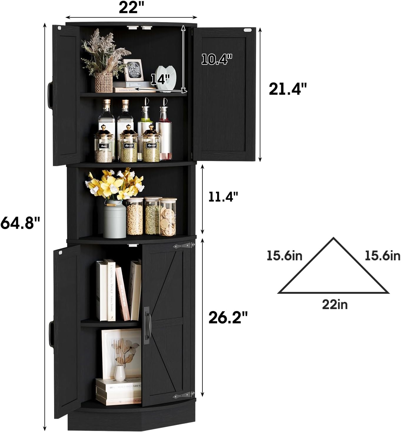 Vabches 64.8' Tall Farmhouse Corner Cabinet with 4 Doors and 5 Storage Shelves, Farmhouse Storage Cabinet with Barn Door Design, Home Space Saver for Living Room, Kitchen, Laundry Room,Black