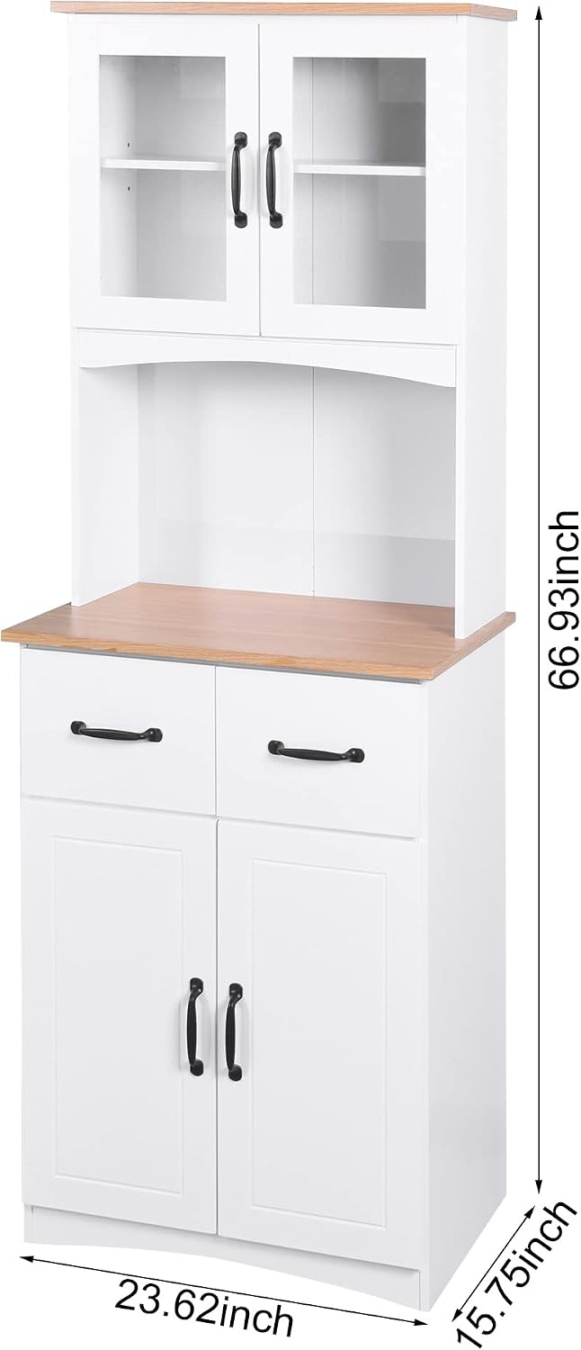 Kitchen Buffet with Hutch, Freestanding Pantry Cabinet Kitchen Cupboard Bar Cabinet with 4 Doors, 2 Drawers & Open Shelf, 2 Storage Cabinets with Adjustable Shelves, White