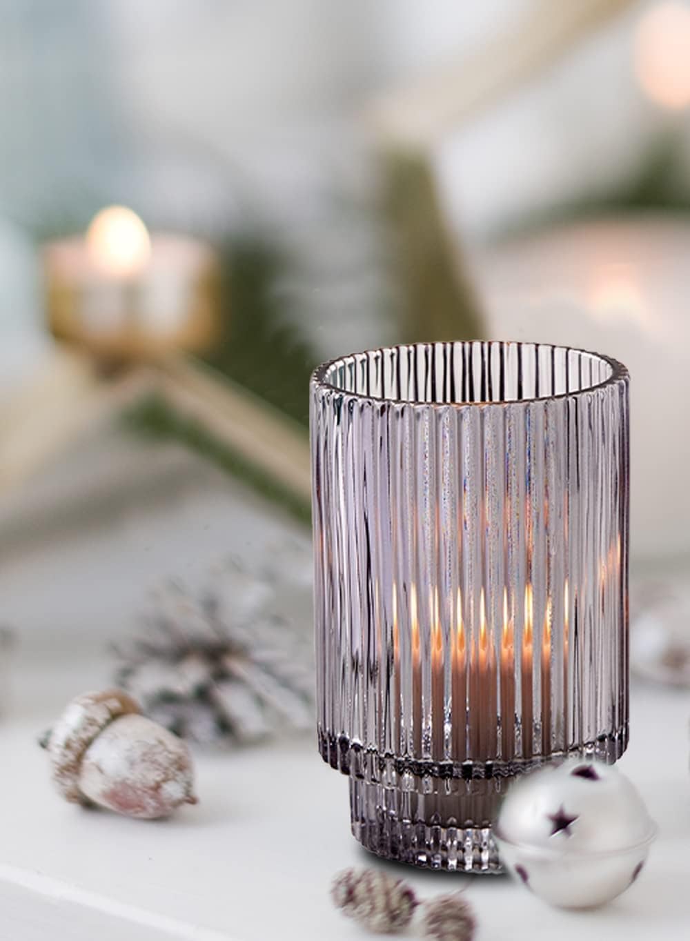 Serene Spaces Living 5in Smoke Ribbed Glass Votive Holder, Decorative Centerpiece for Wedding, Christmas, Thanksgiving, Dining Table, Living Room, Home Décor, 3.25' Diameter & 5' Tall, Pack of 24