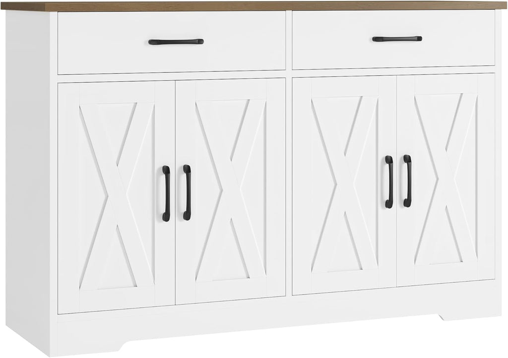 HOSTACK Buffet Cabinet with Storage, 47.2' Kitchen Sideboard Buffet with Drawers, Modern Farmhouse Coffee Bar Station with Shelves, Barn Doors Storage Cabinet for Living Room, White/Rustic Brown